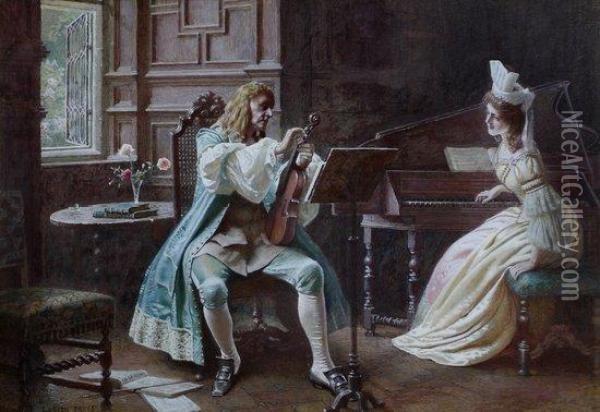 Tuning The Violin 
 A Couple Seated In An Interior Oil Painting - Lucien Davis