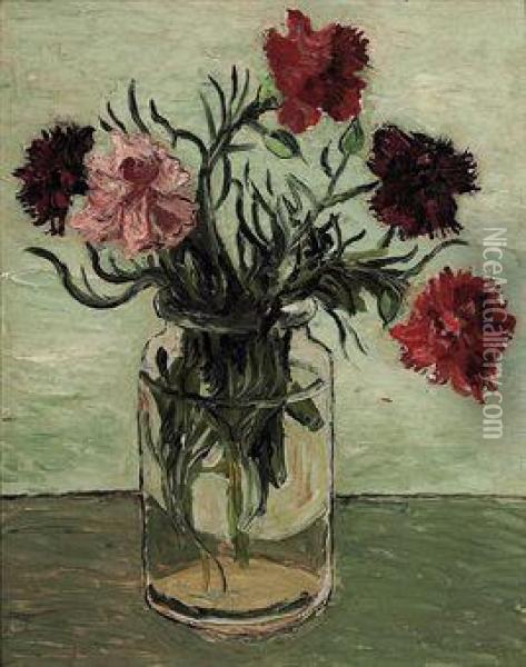 Carnations In A Glass Jar Oil Painting - Christopher Wood