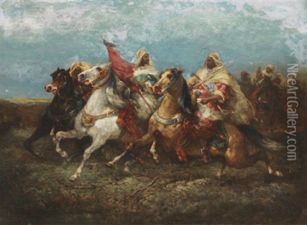 Drei Nach Links Reitende Araber Mit Gefolge Oil Painting - Adolf Schreyer