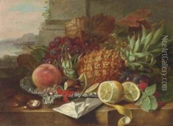 A Pineapple, Grapes, A Peach With Other Fruit On A Ledge, Alandscape Beyond Oil Painting - John Wainwright