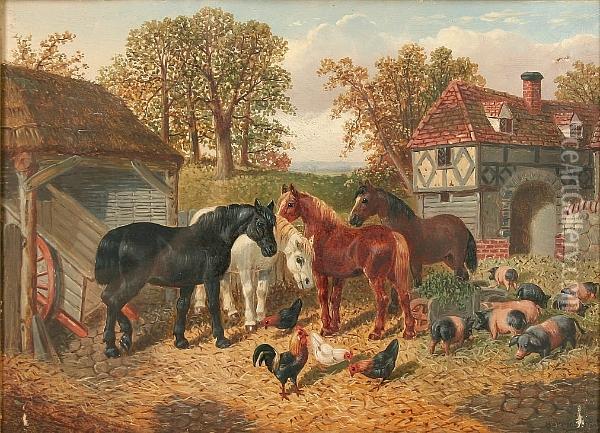 Farmyard Scene With Horses, Pigs And Chickens Oil Painting - John Frederick Herring Snr