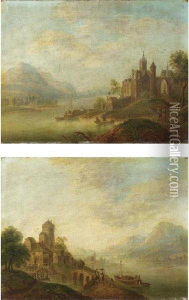 Paesaggi Lacustri Con Paesi Fortificati E Figure Oil Painting - Christian Georg Schuttz II