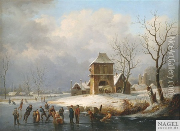 Weite Winterlandschaft Mit Schlittschuhlaufern Auf Einem Zugefrorenen Kanal An Einem Gutshof Oil Painting - Henri De Pratere