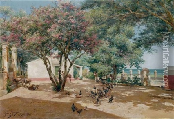 Mujeres Y Pollos En Un Corral - Women And Chickens In A Farmyard Oil Painting - Manuel Garcia y Rodriguez