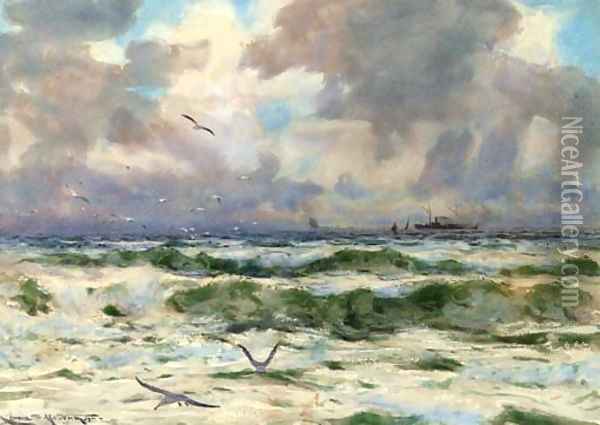 Gulls playing in the surf Oil Painting - Charles Mottram