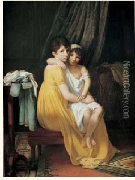 Portrait De Deux Jeunes Soeurs Oil Painting - Louis Andre G. Bouchet
