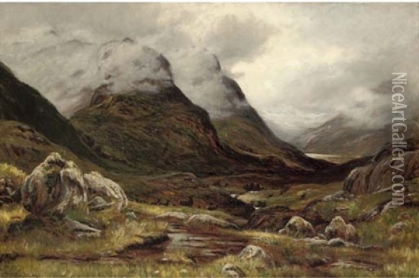 Stags Crossing A Highland Glen Oil Painting - Alexander Brownlie Docharty