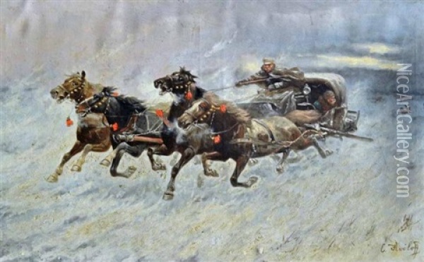 Troika In Winter Being Pursued By Wolves Oil Painting - Adolf (Constantin) Baumgartner-Stoiloff