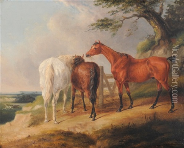 Horses Eating Hay Beside A Tree With Two Further Horses Galloping Beyond Oil Painting - William Barraud