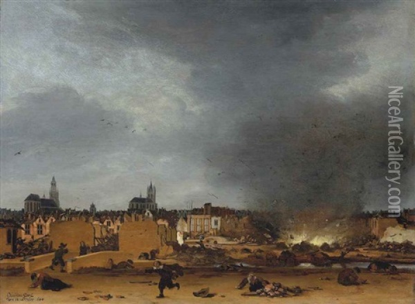 A View Of Delft With The Explosion Of 1654 Oil Painting - Egbert Lievensz van der Poel