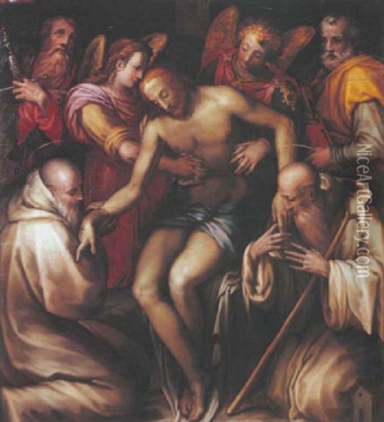 Le Christ Soutenu Par Deux Anges Entre Saint Pierre, Saint Paul, Saint Romuald Et Saint Benoit Oil Painting - Francesco (Il Poppi) Morandini
