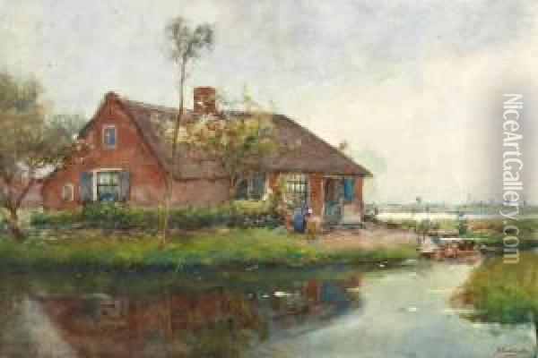 Boerin Bij Huisje Aan De Sloot Oil Painting - Jan Hillebrand Wijsmuller