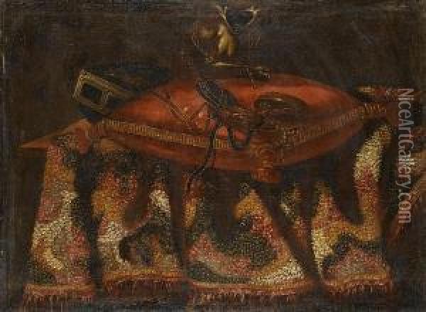A Chained Monkey On A Cushion On A Draped Table-top Oil Painting - Antonio Gianlisi The Younger