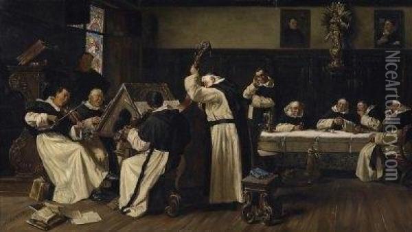 Friars Making Music. Signed And Dated Bottom Right: A. Holmberg 1875 Oil Painting - August Holmberg