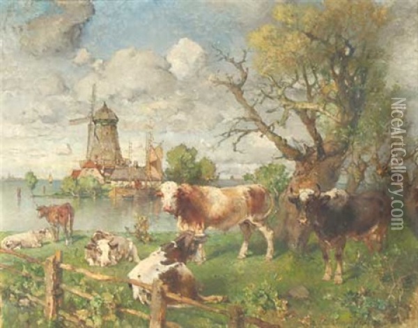 Fluslandschaft Mit Windmuhle Und Weidenden Kuhen Oil Painting - Paul Burmeister