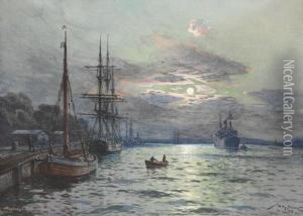 Mondnacht Im Swinemunder Hafen Oil Painting - Willy Stower