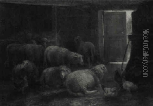 Sheep And Poultry In A Barn Oil Painting - Cornelis van Leemputten