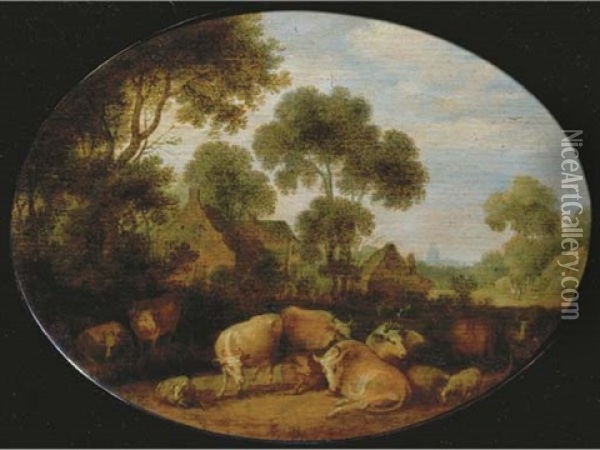 Cows And Sheep Resting In A Wooded Landscape Near Farmhouses, A Church Tower In The Distance Oil Painting - Gillis Claesz De Hondecoeter