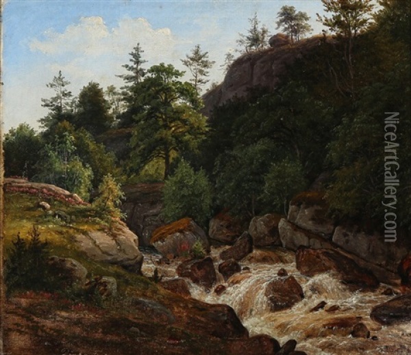 Sunlit Mountain Scenery With A Waterfall Oil Painting - Frederik Christian Jacobsen Kiaerskou