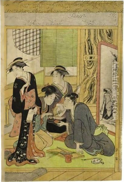 Lady's with tea Oil Painting - Chobunsai Eishi