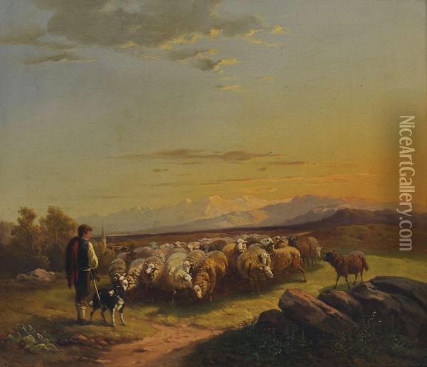 Schafhirte Mit Herde In Vorgebirgslandschaft Oil Painting - Wilhelm Melchior