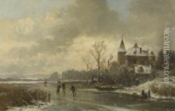 Winterliche Flusslandschaft Mit
 Eislaufern. Oil Painting - Adolf Stademann