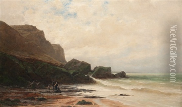 A Villers Sur Mer (normandie) - Kustenlandschaft Mit Felsen Und Fischerfamilie Oil Painting - Gustave Eugene Castan