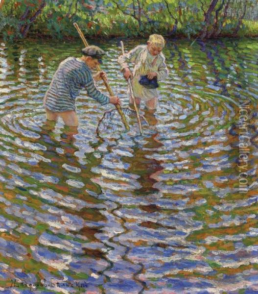 Young Boys Fishing For Crayfish Oil Painting - Nikolai Petrovich Bogdanov-Belsky