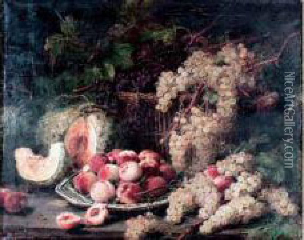 Corbeille De Raisins, Assiette De Peches Et Melon Oil Painting - Alexis Kreyder