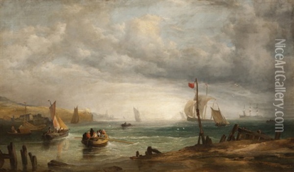 Marinha Com Barcos E Figuras Oil Painting - John James Wilson