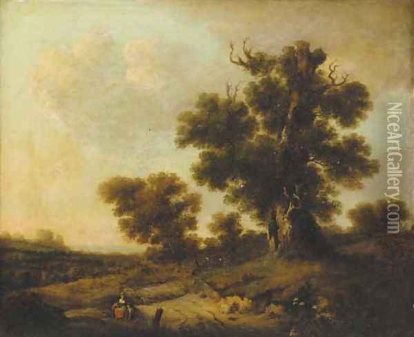 Figures resting under a tree in an extensive landscape Oil Painting - William Traies