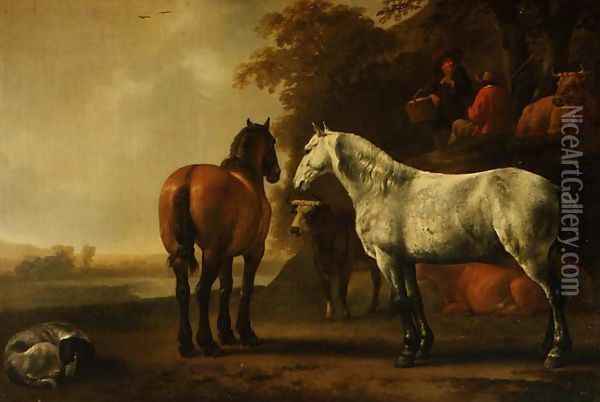Horses and Cattle in a Landscape Oil Painting - Abraham Van Calraet