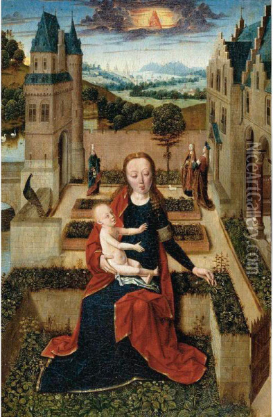 The Virgin Seated On A Low Wall Picking A Flower For The Christ Child, Saint Agnes, Saint Dorothea And Another Female Saint (possibly Saint Barbara) In A Enclosed Garden Beyond, An Extensive River Landscape With A City In The Distance Oil Painting - The Master Of The Tiburtine