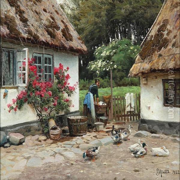 Summer Idyll By A Thatched Farmhouse With A Woman Who Washes Clothes Oil Painting - Peder Mork Monsted