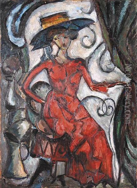 Dama W Czerwonej Sukni - Portret Aleksandry Jordaens, 1921 R. Oil Painting - Tytus Czyzewski