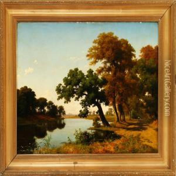 Summer Landscape Withtall Trees Near A Stream Oil Painting - Axel Thorsen Schovelin