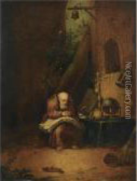 Praying Monk Sitting At A Table Oil Painting - Gerrit Dou