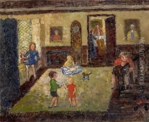 Interior Med Lekande Barn Oil Painting - Eric C. Hallstroem