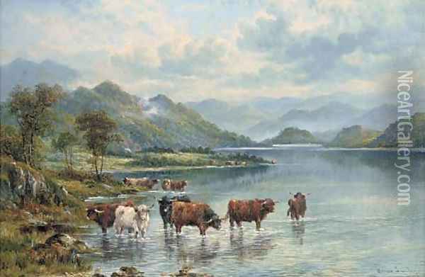 Cattle watering in a lake landscape Oil Painting - William Langley