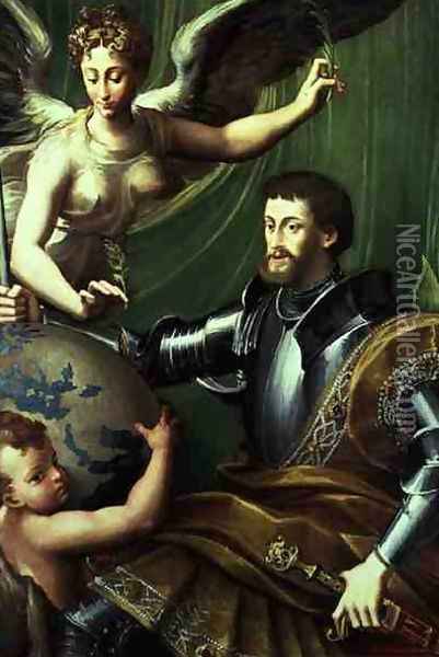 Emperor Charles V 1500-58 Receiving the World, c.1529 Oil Painting - Girolamo Francesco Maria Mazzola (Parmigianino)
