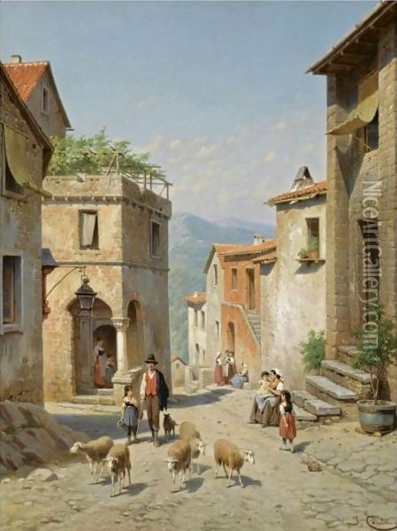 Figures In The Streets Of Frosinone, Italy Oil Painting - Jacques Carabain