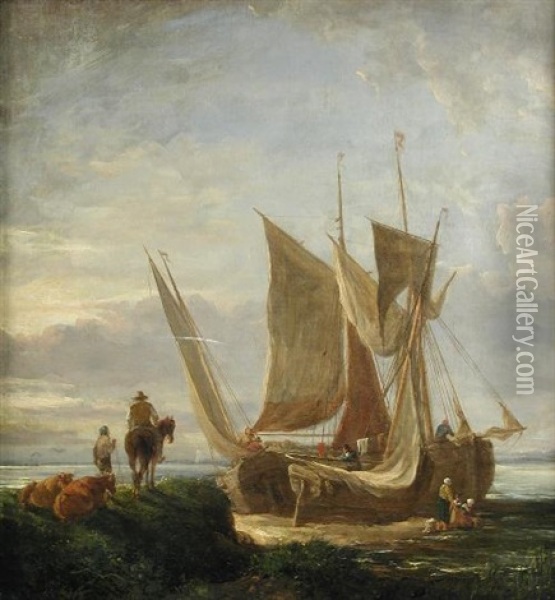 Horsemen On A Beach With A Sailing Ship Moored Alongside, With Fisherfolk Taking The Sails Down Oil Painting - Augustus Wall (Sir.) Callcott