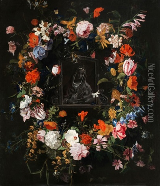 Madonnenbild Im Blumenkranz Oil Painting - Hieronymus Galle the Elder