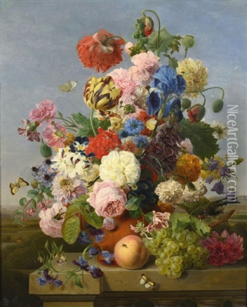 Vase De Fleurs, Et Peche Sur Un Entablement De Pierre, Sur Fond De Paysage Oil Painting - Jan Frans Van Dael