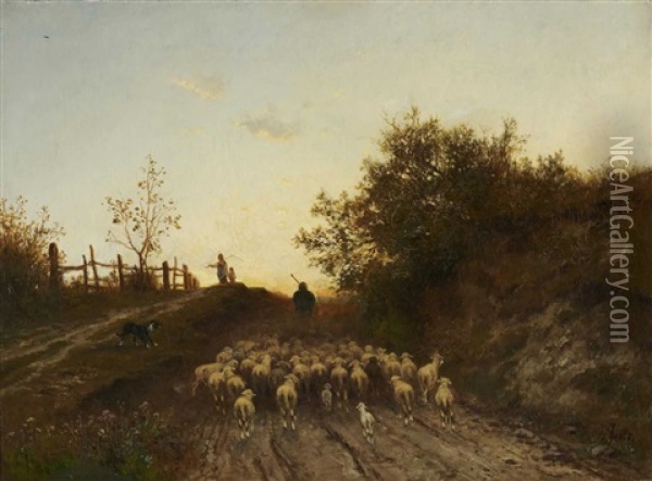 Schafer Mit Herde In Der Abenddammerung Oil Painting - Adolf Heinrich Lier