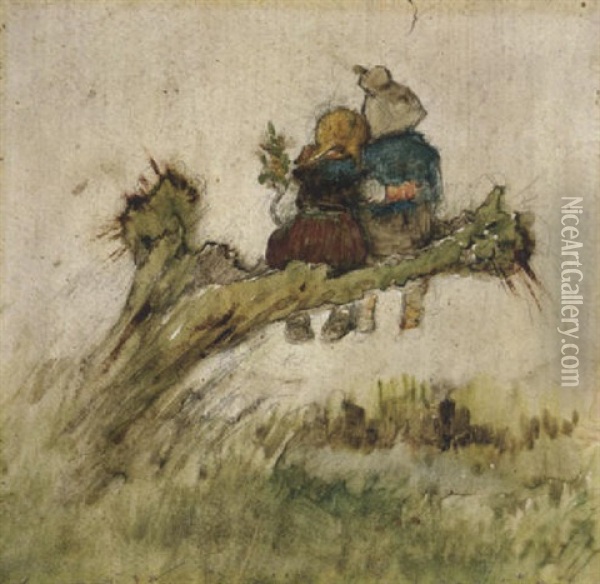 Zwei Kinder Auf Einer Weide Oil Painting - Wilhelm Busch