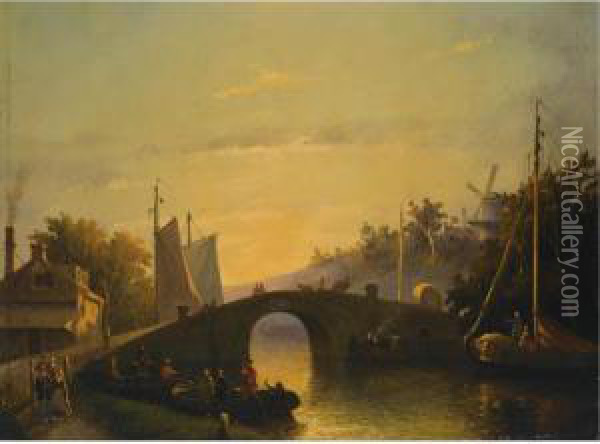 Figures Near A Bridge In A Dutch Town Oil Painting - Joseph Bles