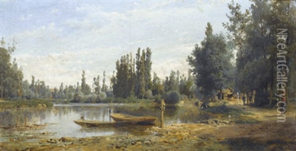 Sommerliche Flusslandschaft Mit Barken Und Einer Dame Oil Painting - Karl Girardet