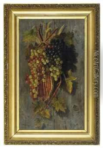 Grapes And Corn Husks Hanging Against A Wooden Wall Oil Painting - Samuel W. Griggs