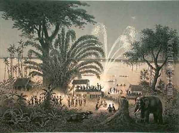 Fireworks on the river at celebrations in Bassac Oil Painting - Louis Delaporte